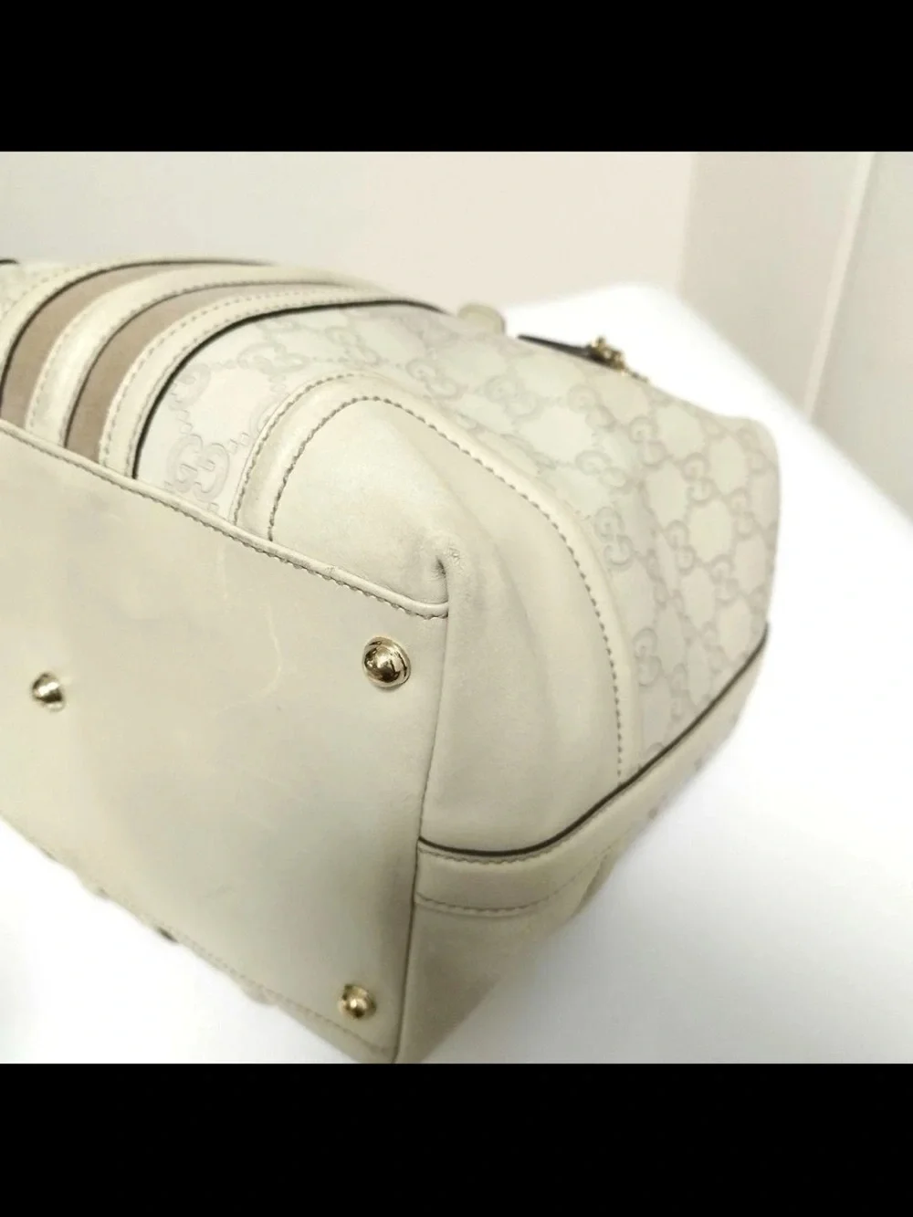 Gucci Cream and Beige Monogram Satchel with Gold Chain